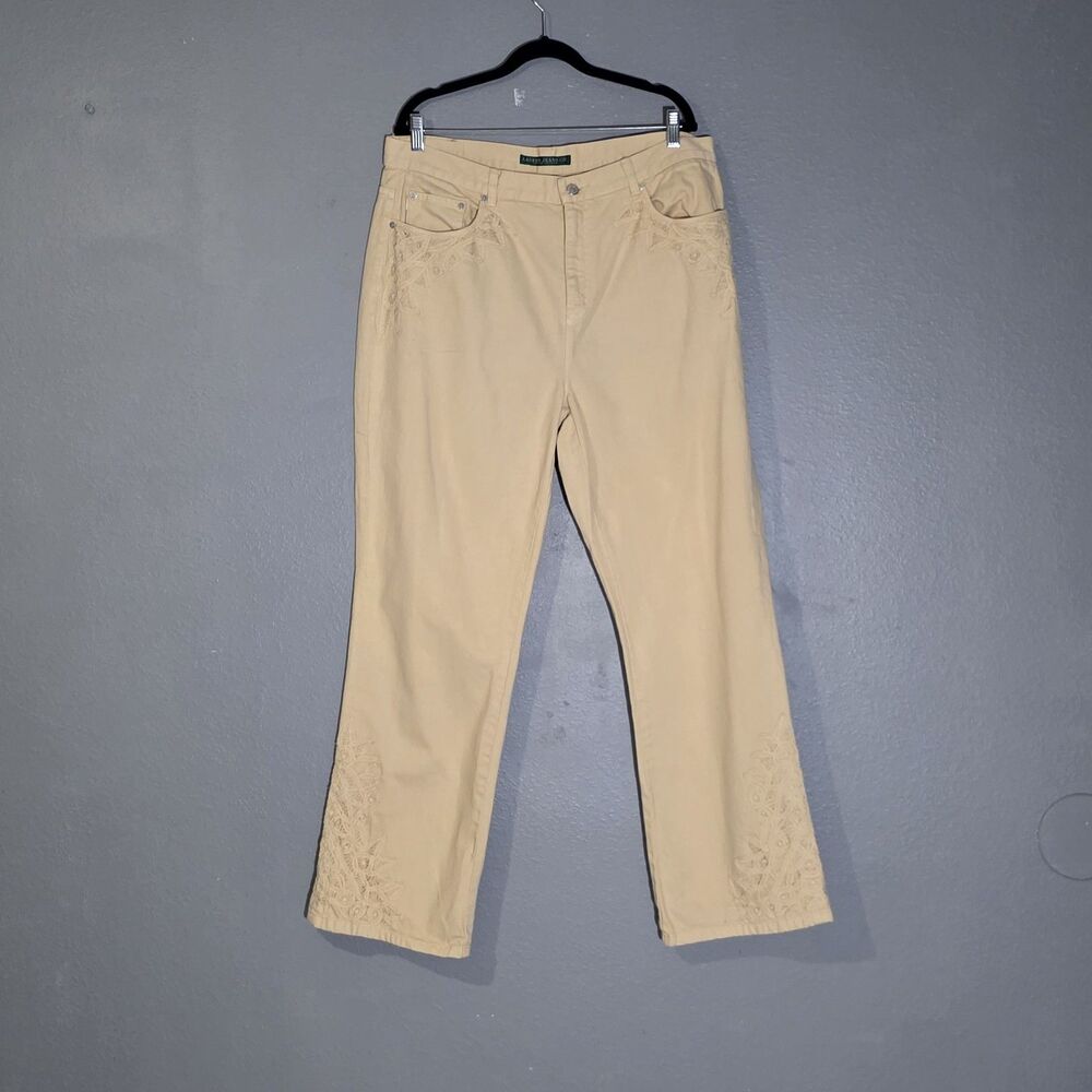 Lauren Ralph Lauren Womens Embroidered Jeans Cream Sz 14w